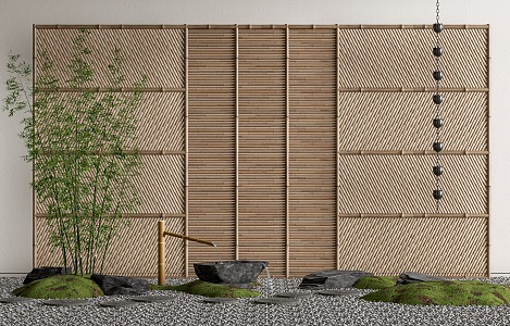 Bamboo fence partition pillar Ting step waterscape fence stone 3d model