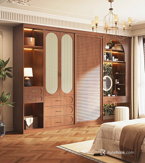 Modern Elegant Wooden Wardrobe Design With Sliding Doors Drawers And Open Shelves In Cozy Bedroom 3d model 