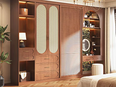 Modern Elegant Wooden Wardrobe Design With Sliding Doors Drawers And Open Shelves In Cozy Bedroom 3d model