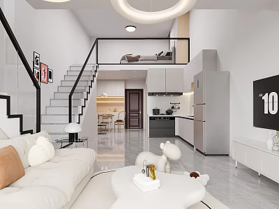 Modern Loft Apartment Interior With Open Living Kitchen And Mezzanine Bedroom 3d model