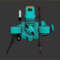 Turquoise Robot Game Movie Character With Weapons In Standing Pose On Reflective Background