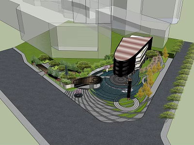 Modern Sales Office Building With Landscaped Greenery Water Feature And Paving Design 3d model