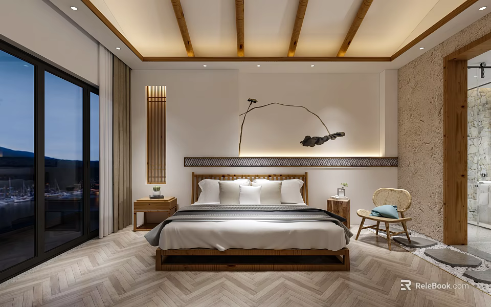 Modern Hotel Room Interior With Wooden Beam Ceiling Herringbone Floor King Bed And Large Windows 3d model 