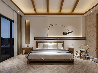 Modern Hotel Room Interior With Wooden Beam Ceiling Herringbone Floor King Bed And Large Windows 3d model