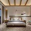 Modern Hotel Room Interior With Wooden Beam Ceiling Herringbone Floor King Bed And Large Windows