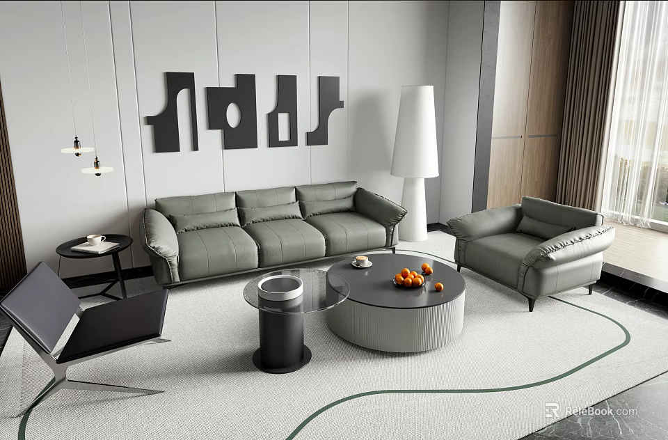 Modern Living Room With Gray Sofa And Round Coffee Table Set 3d model