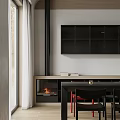 Modern Restaurant Interior With Island Counter Large Windows Green Trees White Curtains And Black Chairs