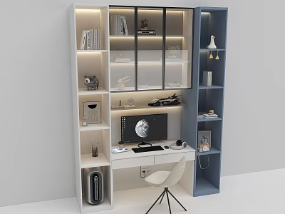 Modern Desk Interior with Open Bookshelves Lamp Computer and Storage Cabinets 3d model
