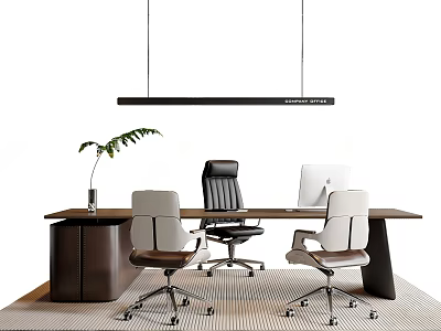 Modern Office Desk With Computer Monitor Green Plant Hanging Lamp And Office Chairs 3d model
