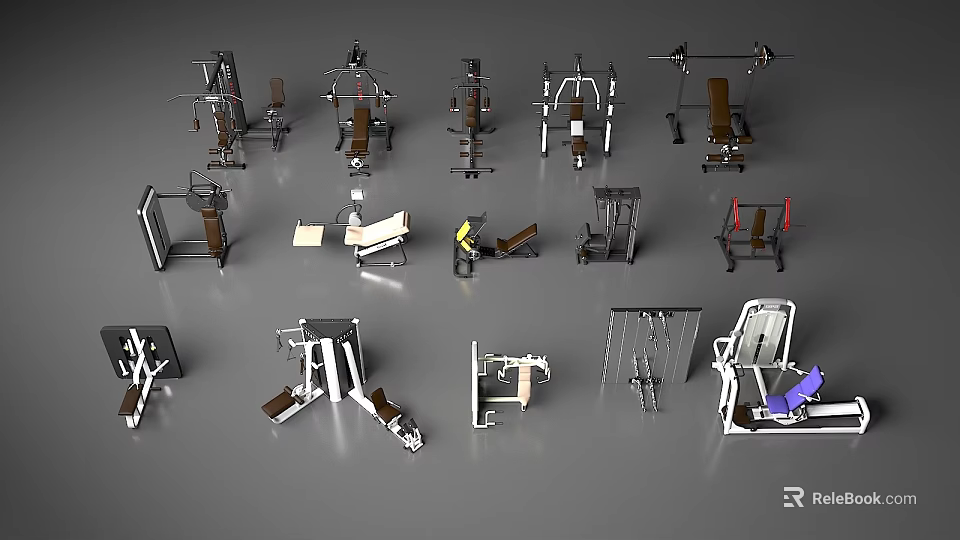 Sports Fitness Equipment Collection Including Strength Training Machines Weight Benches And Barbells 3d model 
