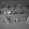 Sports Fitness Equipment Collection Including Strength Training Machines Weight Benches And Barbells