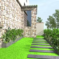Beautiful Garden Landscape With Stone Wall Lawn Stone Pathway And Green Plants Trees