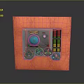 Silver Control Panel Equipment On Orange Background With Globe Component Knobs And Colorful Indicator Lights