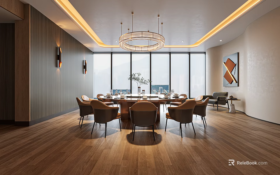 Elegant Private Dining Room Modern Interior With Round Table Comfortable Chairs And Large Windows 3d model