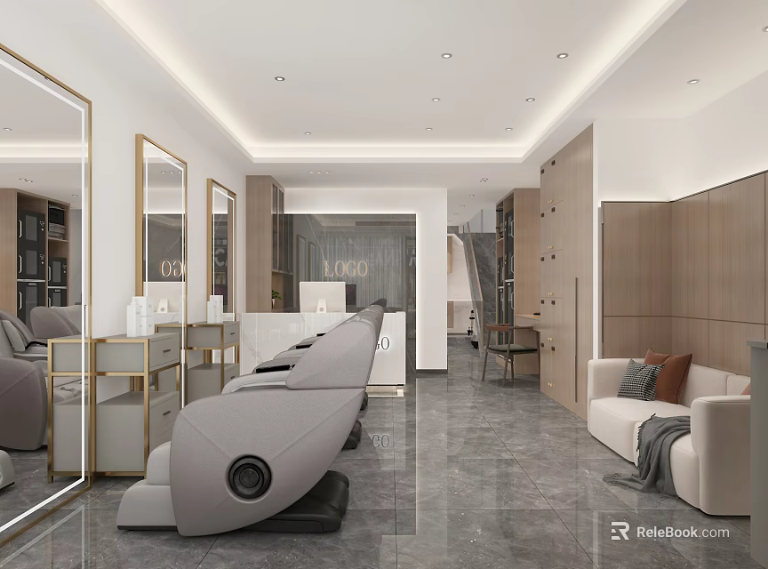 Modern Beauty Hair Salon Interior With Mirrors Salon Chairs Wooden Cabinets Sofa And Gray Floor 3d model 