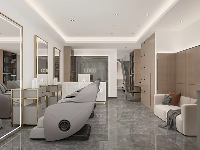 Modern Beauty Hair Salon Interior With Mirrors Salon Chairs Wooden Cabinets Sofa And Gray Floor 3d model