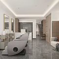 Modern Beauty Hair Salon Interior With Mirrors Salon Chairs Wooden Cabinets Sofa And Gray Floor