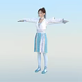 Woman wearing white coat and blue white striped dress with arms outstretched