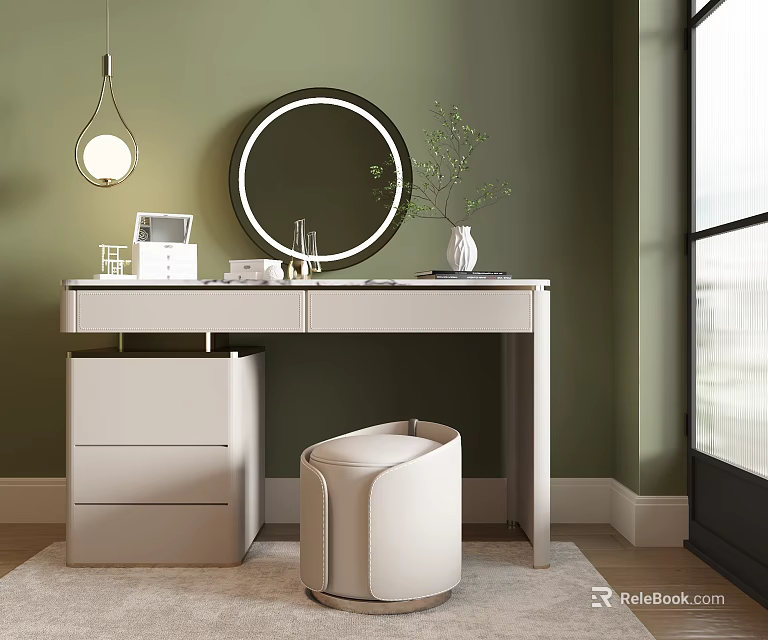 Modern Beige Dressing Table In Green Room With Round Mirror Upholstered Stool And Small Plant 3d model 