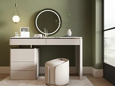 Modern Beige Dressing Table In Green Room With Round Mirror Upholstered Stool And Small Plant 3d model