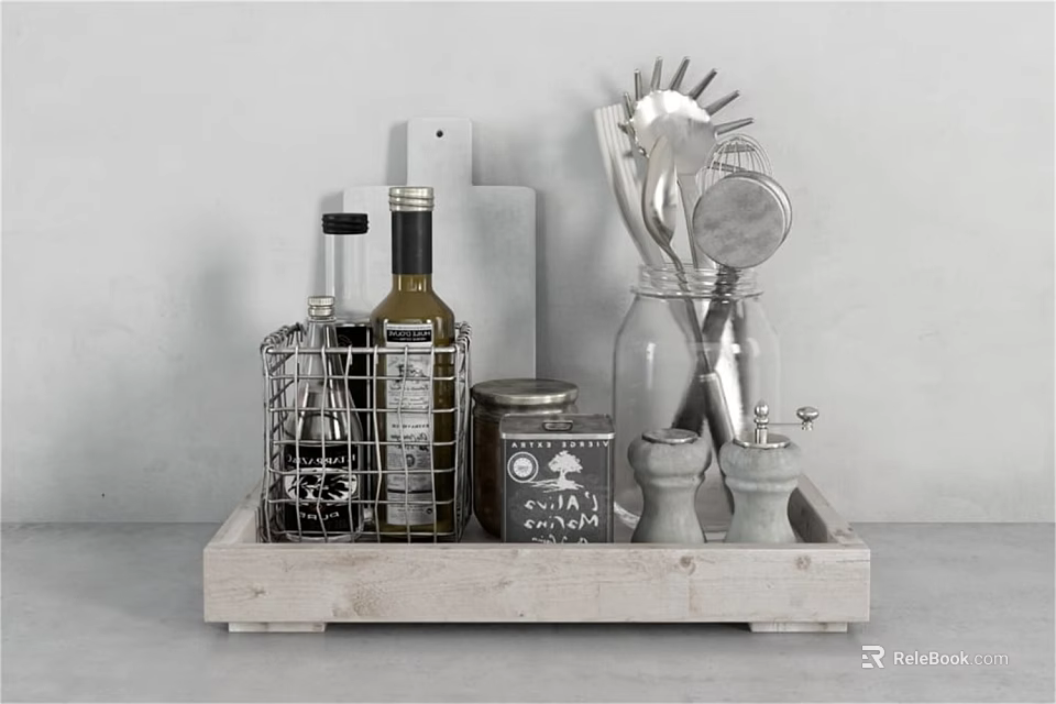 Wooden Serving Tray with Wine Bottles Glasses Metal Basket Chalkboard Sign and Bar Tools 3d model 