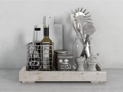 Wooden Serving Tray with Wine Bottles Glasses Metal Basket Chalkboard Sign and Bar Tools 3d model
