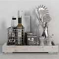 Wooden Serving Tray with Wine Bottles Glasses Metal Basket Chalkboard Sign and Bar Tools