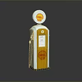 Vintage Shell Gas Pump Model in White and Yellow with Logo and Fuel Nozzle