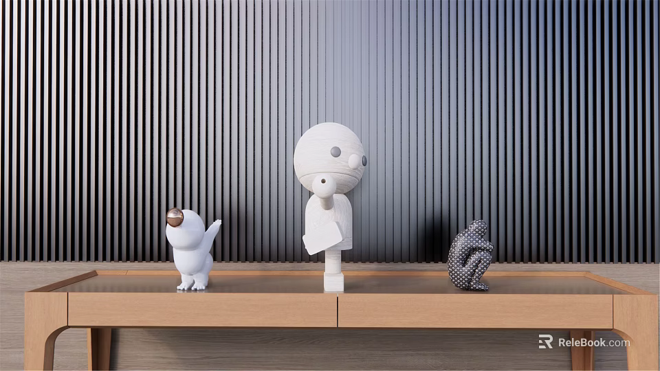 Decorative Ornament Set with Abstract Figurines on Wooden Shelf Vertical Striped Wall 3d model 