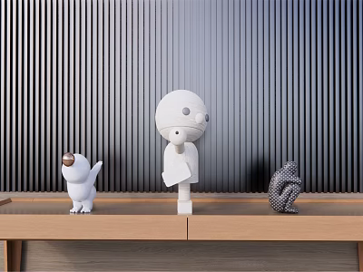 Decorative Ornament Set with Abstract Figurines on Wooden Shelf Vertical Striped Wall 3d model