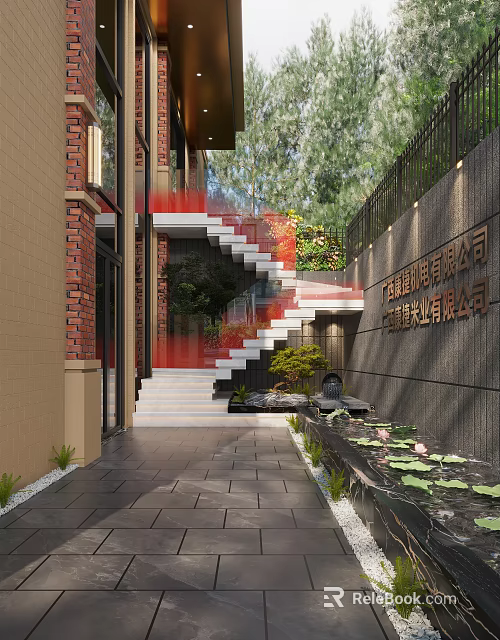 Serene Garden Landscape With Red Brick Wall Glass Railed Staircase Lotus Pond And Lush Greenery 3d model 
