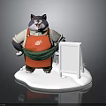 Gray 3D Cartoon Cat Wearing Red Green Apron Standing By Blank Whiteboard On Base