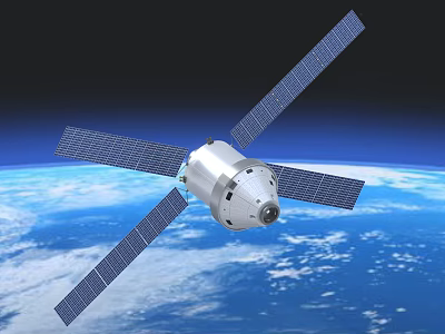 Satellite With Solar Panels Orbiting Earth In Space Blue Cloudy Planet View 3d model