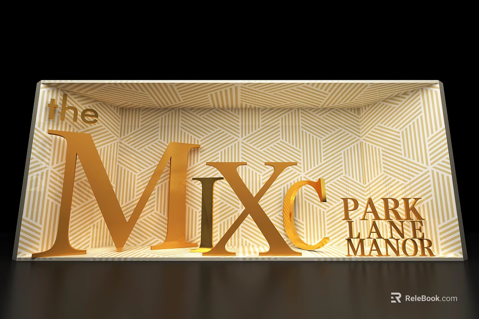 Window Display Design With Golden MIXC Letters And Geometric Pattern Background 3d model