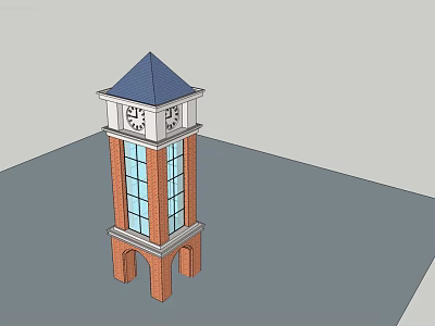 Brick Clock Tower with Blue Roof Glass Windows and Arched Base 3d model
