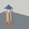 Brick Clock Tower with Blue Roof Glass Windows and Arched Base