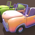Cartoon Style Convertible Cars With Green And Pink Orange Gradient Bodies And Purple Seats