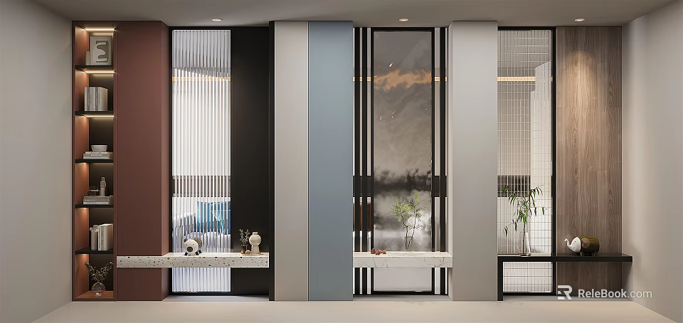 Contemporary Home Partition Design With Glass Panels Wooden Frames And Decorative Plants 3d model 