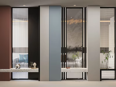 Contemporary Home Partition Design With Glass Panels Wooden Frames And Decorative Plants 3d model