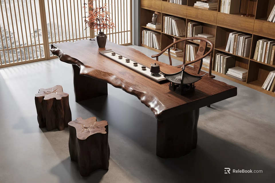 Natural Solid Wood Tea Table and Chairs with Tea Set Stump Stools and Bookshelf Background 3d model 