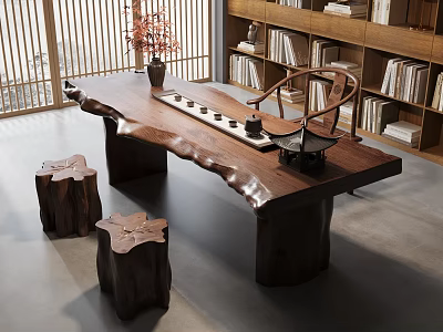 Natural Solid Wood Tea Table and Chairs with Tea Set Stump Stools and Bookshelf Background 3d model