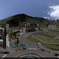 Aerial Planning of Resort Town with European Architecture River Bridge and Green Spaces