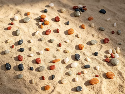 Colorful Stones and Natural Wood Scattered on Sandy Surface with Diverse Textures 3d model