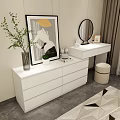 Elegant Modern Dressing Table with White Drawers Round Mirror Stool and Decorative Items 3d model