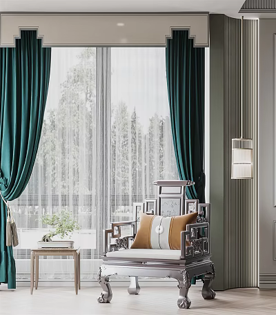 Single Sofa Interior With Teal Curtains Trees Outside Window Accent Pillow Side Table 3d model