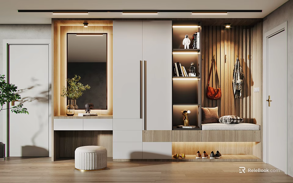 Modern Shoe Cabinet Design Featuring Mirror Clothing Hooks Bench and Decorative Lighting 3d model 