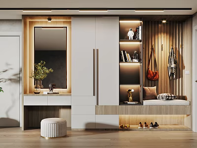 Modern Shoe Cabinet Design Featuring Mirror Clothing Hooks Bench and Decorative Lighting 3d model
