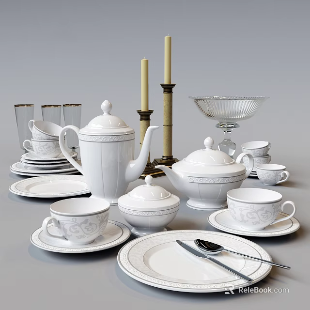 White Porcelain Tableware Set With Teapots Cups Plates Saucers Glasses And Candle Holders 3d model 