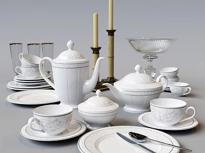 White Porcelain Tableware Set With Teapots Cups Plates Saucers Glasses And Candle Holders 3d model