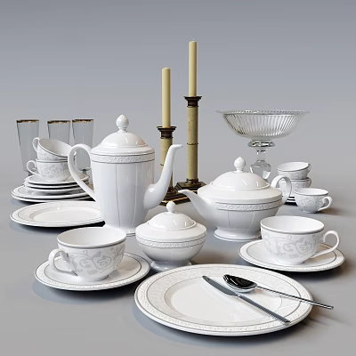 White Porcelain Tableware Set With Teapots Cups Plates Saucers Glasses And Candle Holders 3d model